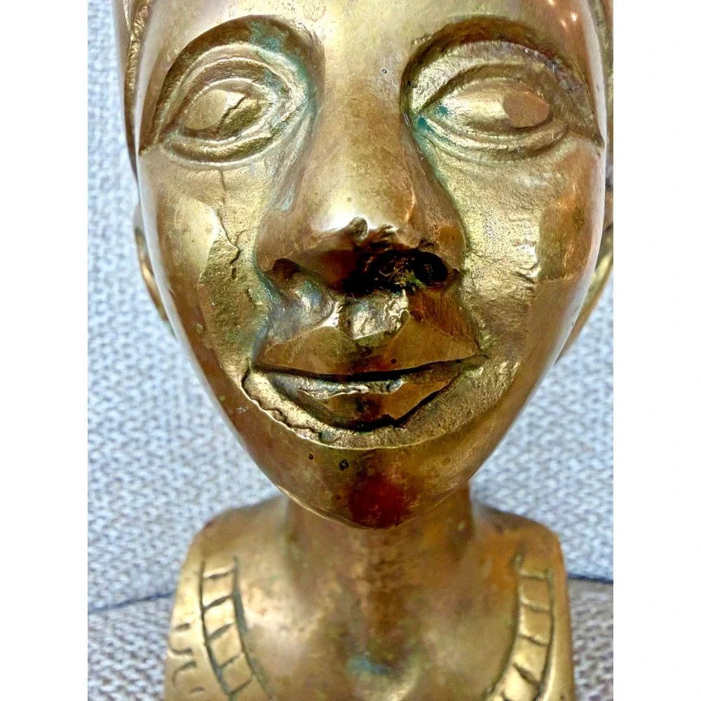 Vintage 1970s Brass Nefertiti Bust Egyptian Revival Statue 9